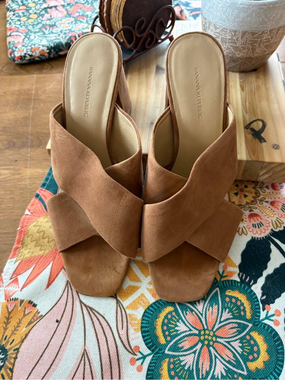 Banana Republic Women's Brown Suede Crossover Block Heel Mules